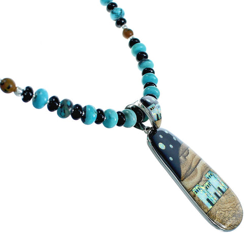 Native American Village Design Multicolor Inlay Sterling Silver Necklace Set RX115216