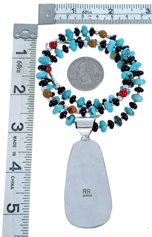 Native American Village Design Multicolor Inlay Sterling Silver Necklace Set RX115216