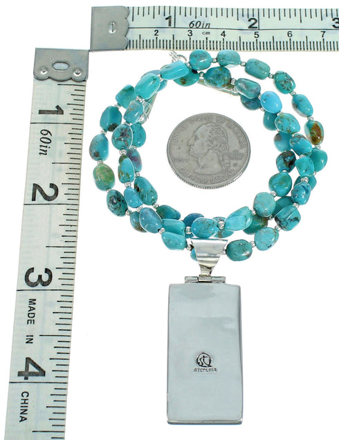 Turquoise Authentic Sterling Silver Cobble Pendant Necklace Set RX115218