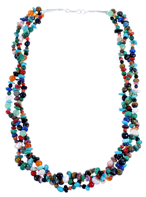 Genuine Sterling Silver 3-Strand Multicolor Twisted Treasure Bead Necklace DX115818