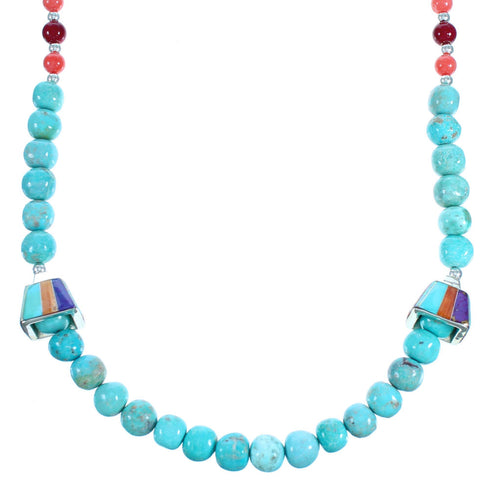 Genuine Sterling Silver Multicolor Inlay Bead Necklace DX115809