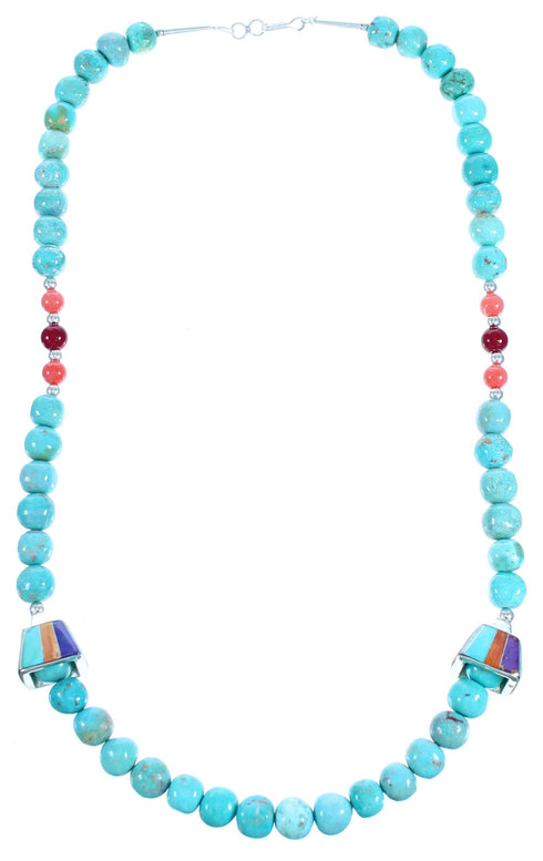 Genuine Sterling Silver Multicolor Inlay Bead Necklace DX115809