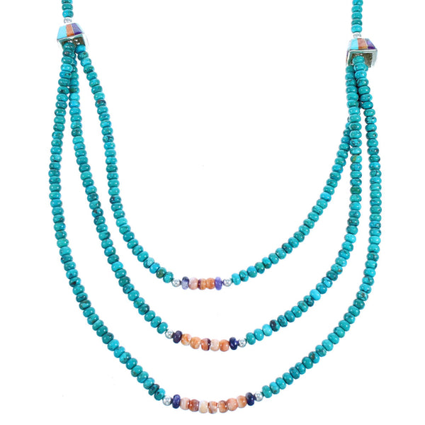 Multicolor Sterling Silver Inlay 3-Strand Bead Necklace DX115815