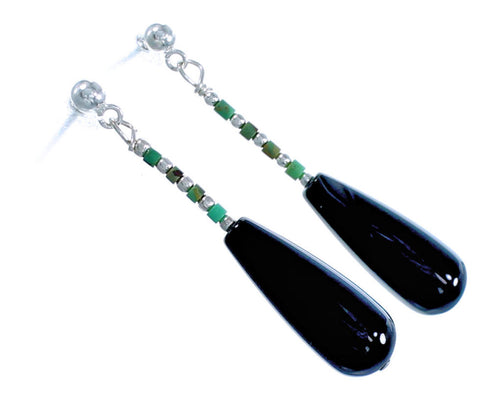 Southwestern Sterling Silver Santo Domingo Turquoise Snowflake Obsidian Post Dangle Bead Earrings DX115636