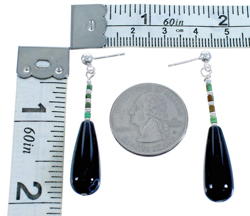 Southwestern Sterling Silver Santo Domingo Turquoise Snowflake Obsidian Post Dangle Bead Earrings DX115636