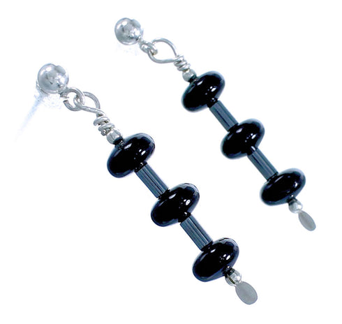 Authentic Sterling Silver Snowflake Obsidian and Hematite Bead Post Dangle Earrings DX115866