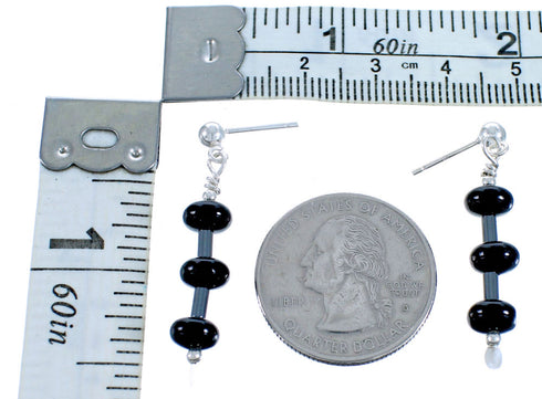 Authentic Sterling Silver Snowflake Obsidian and Hematite Bead Post Dangle Earrings DX115866