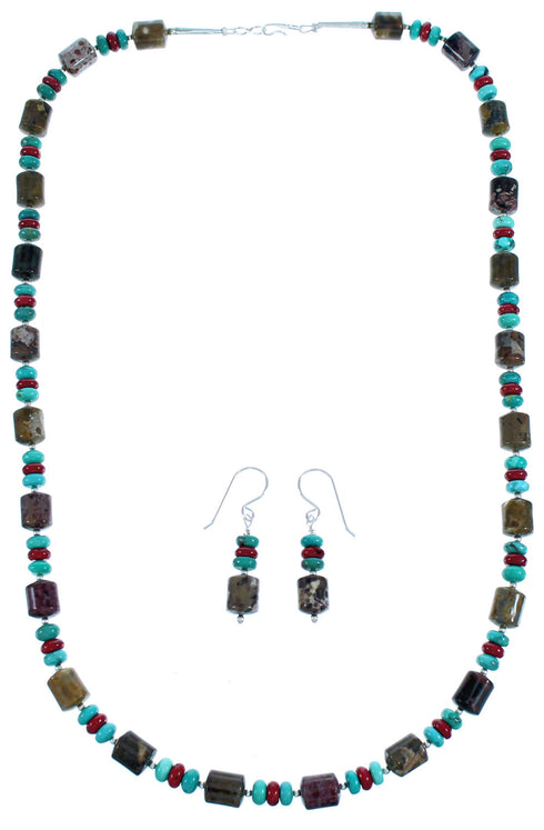 Sterling Silver Multicolor Bead Necklace And Earrings Set BX115765