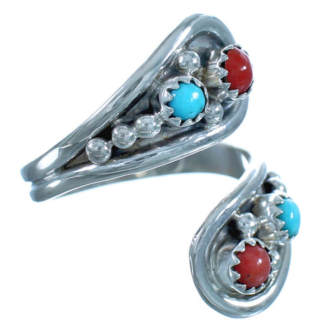 Navajo Indian Sterling Silver Coral And Turquoise Adjustable Ring Size 9,10,11 BX115764