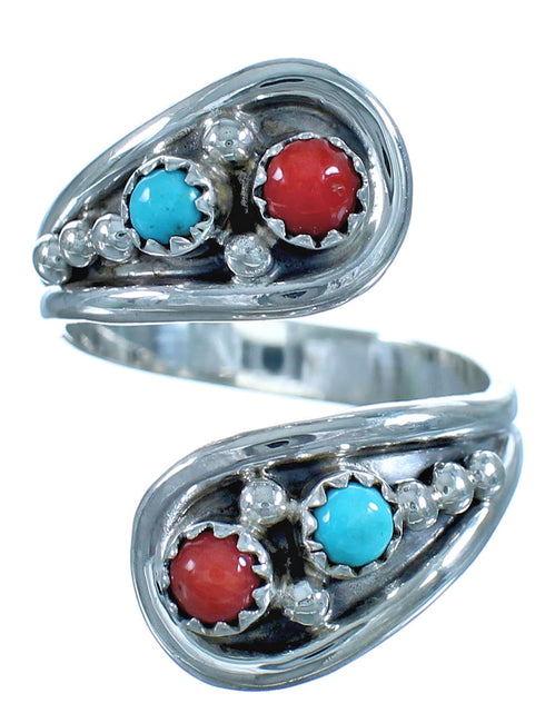 Navajo Indian Sterling Silver Coral And Turquoise Adjustable Ring Size 9,10,11 BX115764