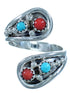 Navajo Indian Sterling Silver Coral And Turquoise Adjustable Ring Size 9,10,11 BX115764