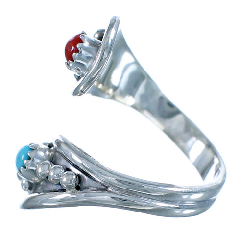 Navajo Indian Sterling Silver Coral And Turquoise Adjustable Ring Size 9,10,11 BX115764