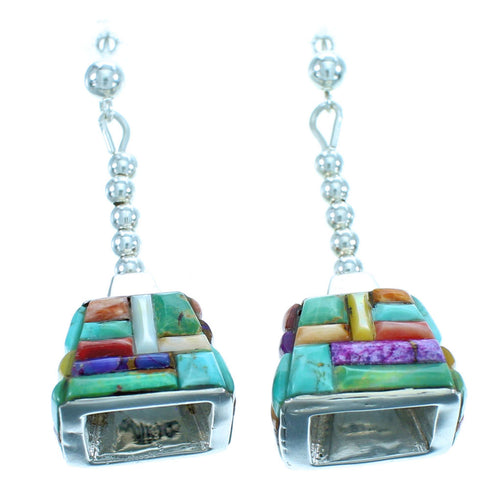 Southwest Sterling Silver Multicolor Inlay Post Dangle Earrings DX116701
