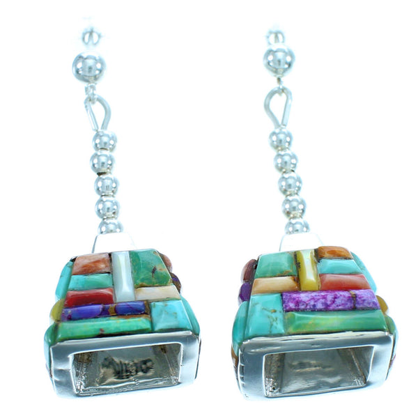 Southwest Sterling Silver Multicolor Inlay Post Dangle Earrings DX116701