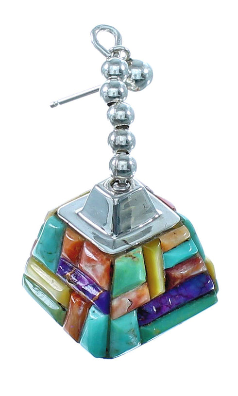 Southwest Sterling Silver Multicolor Inlay Post Dangle Earrings DX116701