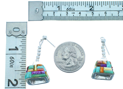 Southwest Sterling Silver Multicolor Inlay Post Dangle Earrings DX116701