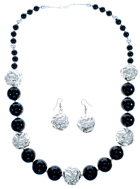 Onyx Genuine Sterling Silver Bead Necklace And Earrings Set DX116796