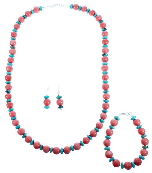 Pink Coral And Turquoise Sterling Silver Bead Necklace Set DX116942