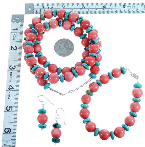 Pink Coral And Turquoise Sterling Silver Bead Necklace Set DX116942