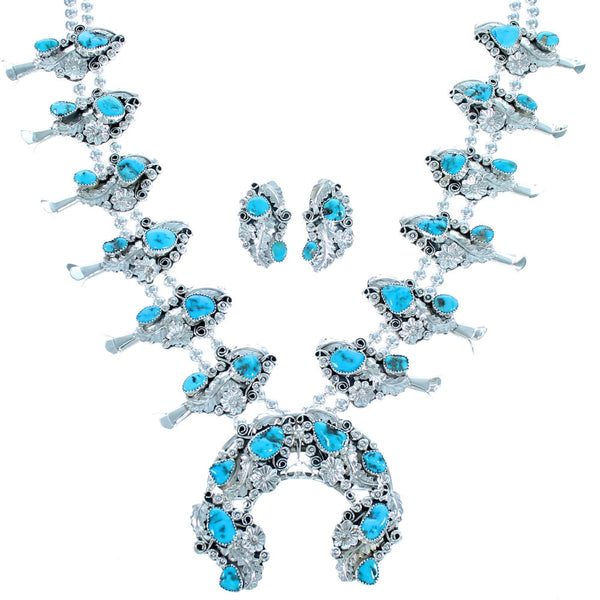 Navajo Sterling Silver Flower And Leaf Turquoise Squash Blossom Necklace Set SX115679