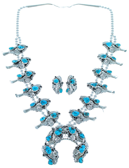 Navajo Sterling Silver Flower And Leaf Turquoise Squash Blossom Necklace Set SX115679
