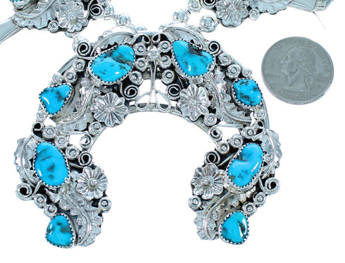 Navajo Sterling Silver Flower And Leaf Turquoise Squash Blossom Necklace Set SX115679