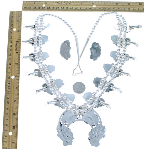 Navajo Sterling Silver Flower And Leaf Turquoise Squash Blossom Necklace Set SX115679