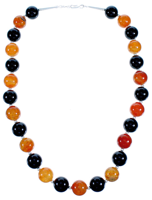 Fire Agate And Onyx Sterling Silver Bead Necklace BX116291