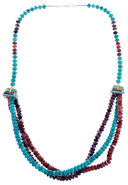 3-Strand Oyster Shell and Turquoise Genuine Sterling Silver Inlay Bead Necklace DX115903
