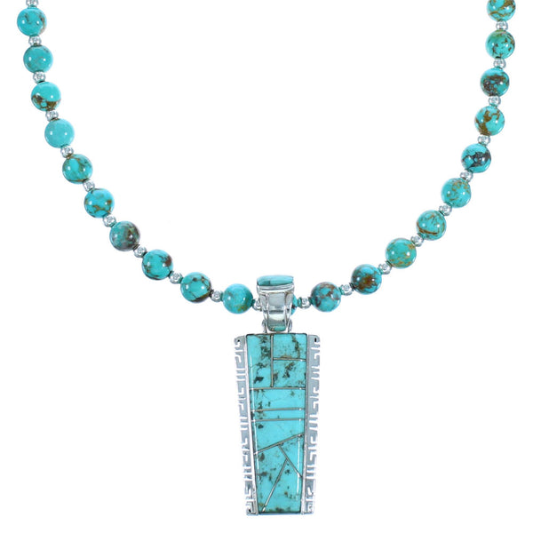Southwestern Genuine Sterling Silver and Turquoise Inlay Bead Necklace Set DX115909