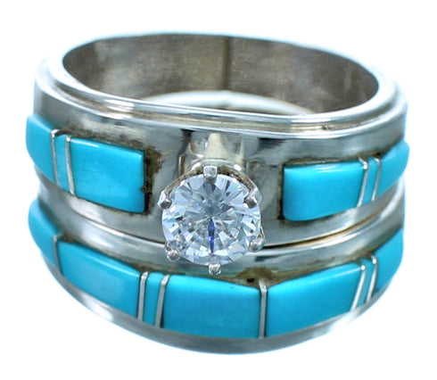 Authentic Sterling Silver Cubic Ziconia Turquoise Zuni Wedding Ring Size 10 JX127072