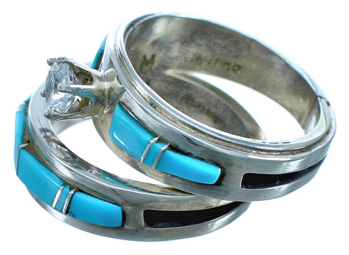 Authentic Sterling Silver Cubic Ziconia Turquoise Zuni Wedding Ring Size 10 JX127072