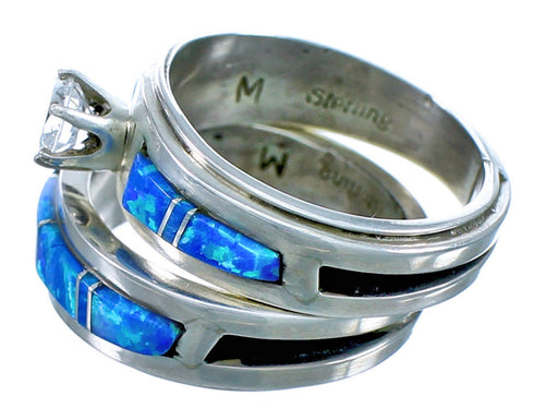 Cubic Ziconia Blue Opal Sterling Silver Zuni Wedding Ring Size 9 JX127068
