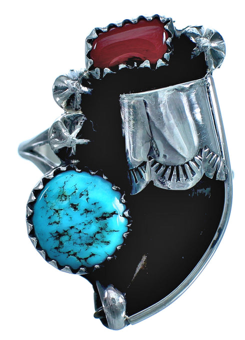 American Indian Turquoise Coral Sterling Silver Badger Claw Ring Size 7-1/4 RX117526