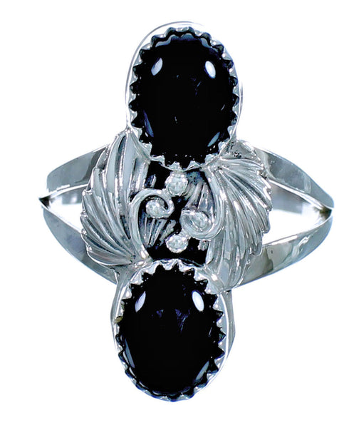 Navajo Onyx Authentic Sterling Silver Scalloped Leaf Ring Size 6-1/4 RX117540