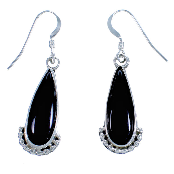 Navajo Onyx Sterling Silver Tear Drop Hook Dangle Earrings DX117257