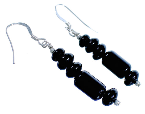 Navajo Sterling Silver Onyx Bead Hook Dangle Earrings DX117291