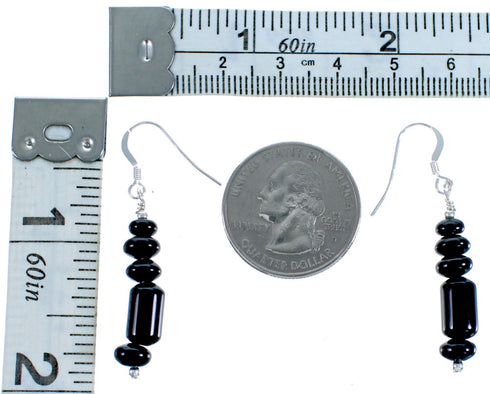 Navajo Sterling Silver Onyx Bead Hook Dangle Earrings DX117291
