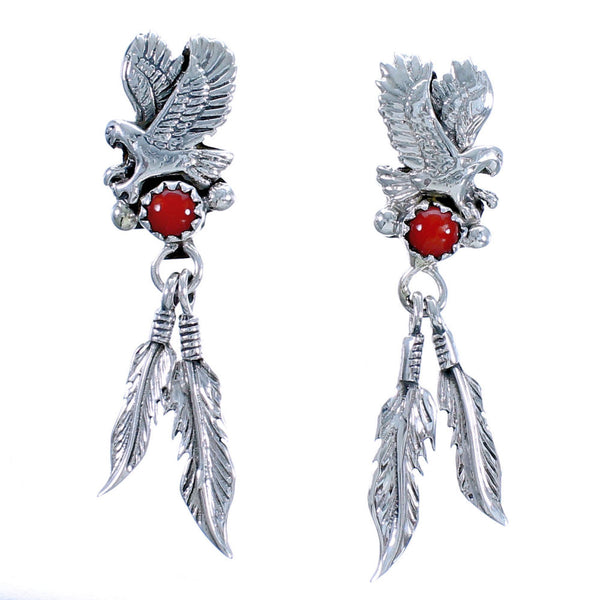 Coral Sterling Silver Feather Eagle Native American Post Dangle Earrings DX117440