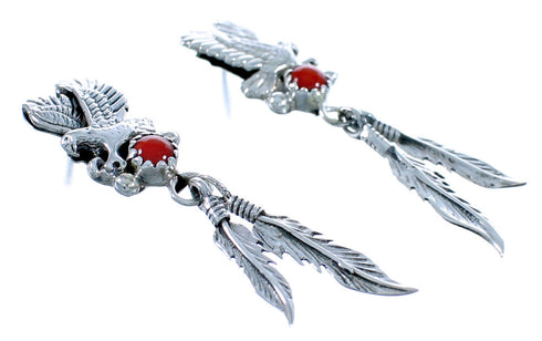 Coral Sterling Silver Feather Eagle Native American Post Dangle Earrings DX117440