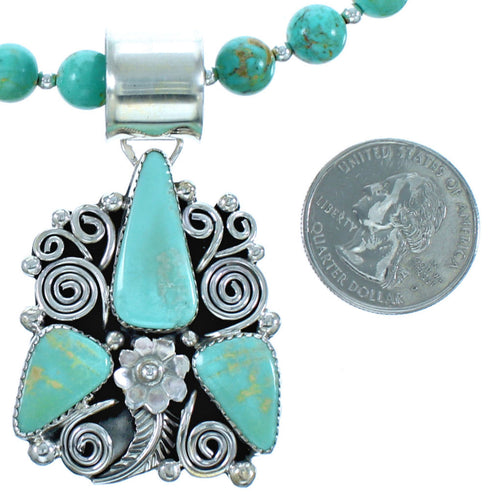 Navajo Turquoise Sterling Silver Bead Necklace And Pendant Set DX117557
