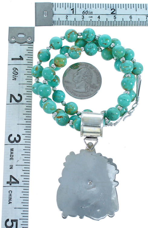 Navajo Turquoise Sterling Silver Bead Necklace And Pendant Set DX117557