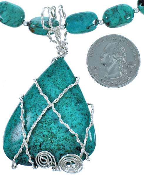 Southwestern Sterling Silver Turquoise Bead Necklace And Pendant Set DX117635