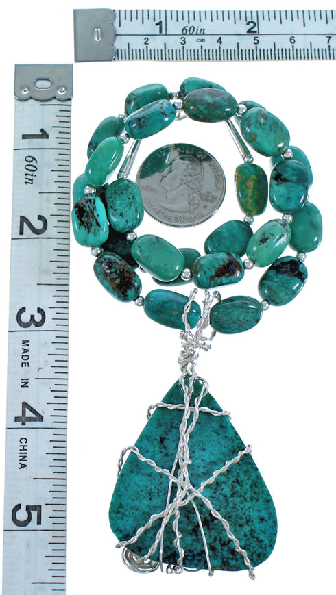 Southwestern Sterling Silver Turquoise Bead Necklace And Pendant Set DX117635