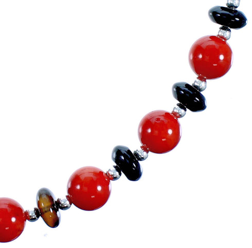 Southwest Coral and Onyx Sterling Silver Bead Necklace DX117345