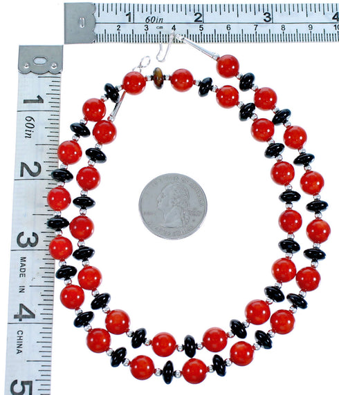 Southwest Coral and Onyx Sterling Silver Bead Necklace DX117345