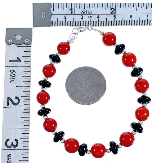 Southwestern Coral And Onyx Sterling Silver Bead Bracelet DX117399