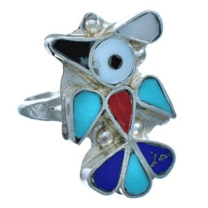 Zuni Indian Multicolor Thunderbird Genuine Sterling Silver Ring Size 7-1/2 RX117593