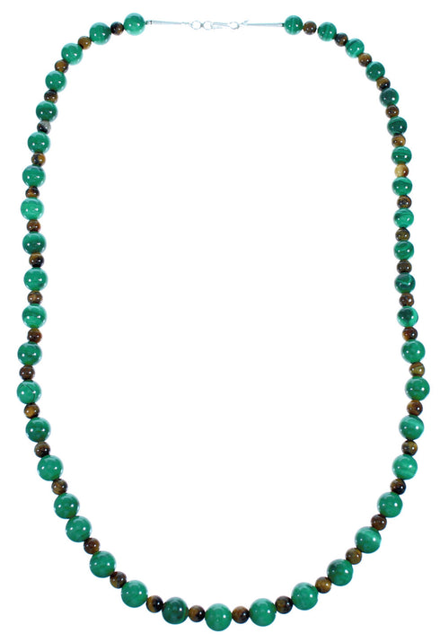 Southwest Sterling Silver Malachite Tiger Eye Bead Necklace RX117817