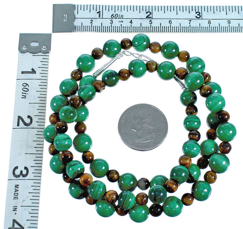 Southwest Sterling Silver Malachite Tiger Eye Bead Necklace RX117817
